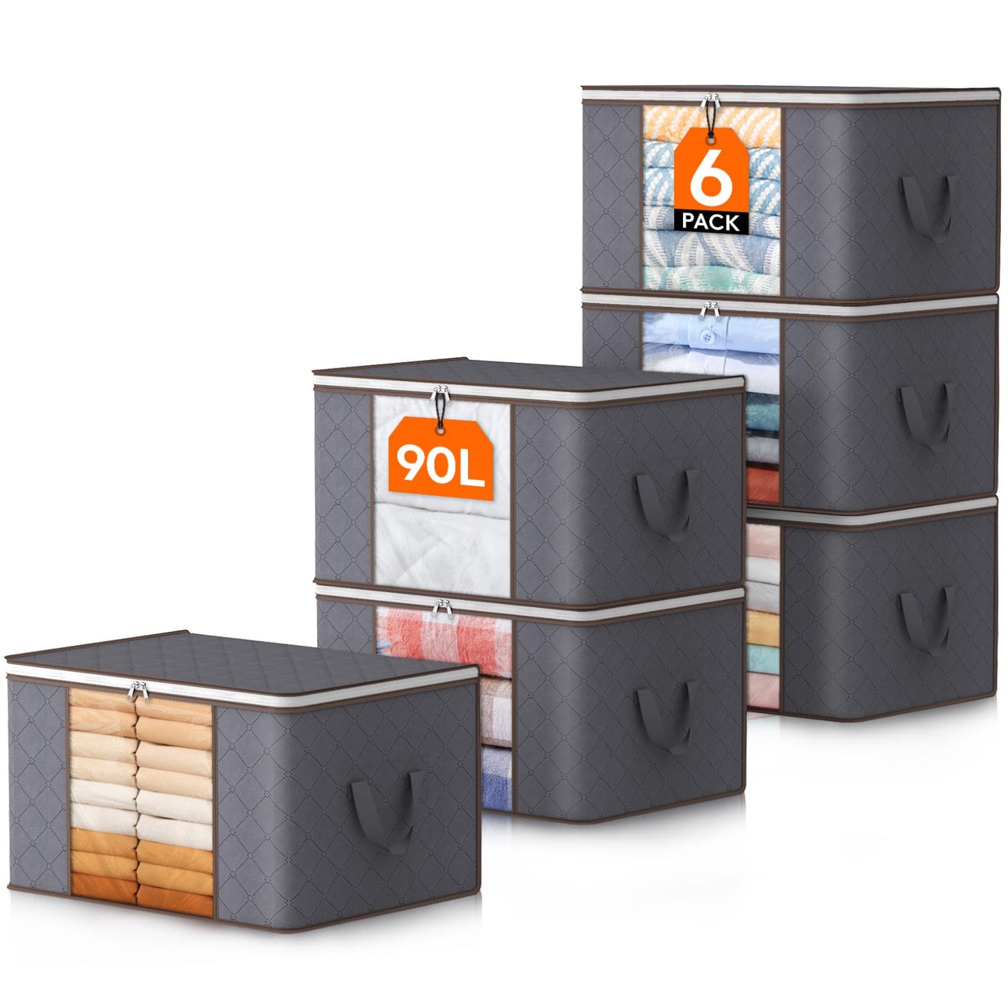 Lifewit Clothes Storage Organizer with Reinforced Handle & Clear Window (Pack of 6 ,90L, Grey)