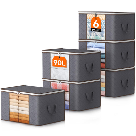 Lifewit Clothes Storage Organizer with Reinforced Handle & Clear Window (Pack of 6 ,90L, Grey)