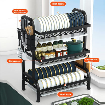 Jorunhe Dish Drying Rack, 3-Tier Large Capacity Kitchen Dish Rack Drainboard Set,Rust-Proof Dish Drainer Rack with Drip Tray & Utensil Holder, Cutting Board Holder and Dish Drainer for Kitchen (Black)
