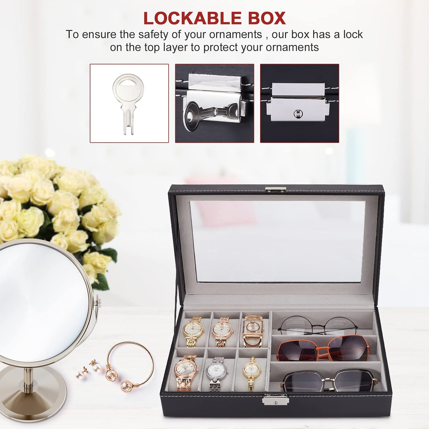 ALS AILISUO 6 Slots Watch Box 3 Slots Eyeglass Sunglasses Organizer Box With Lockable Case Clear Glass PU Leather Storage Box Display Showcase for Women & Men (Black)