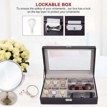 ALS AILISUO 6 Slots Watch Box 3 Slots Eyeglass Sunglasses Organizer Box With Lockable Case Clear Glass PU Leather Storage Box Display Showcase for Women & Men (Black)