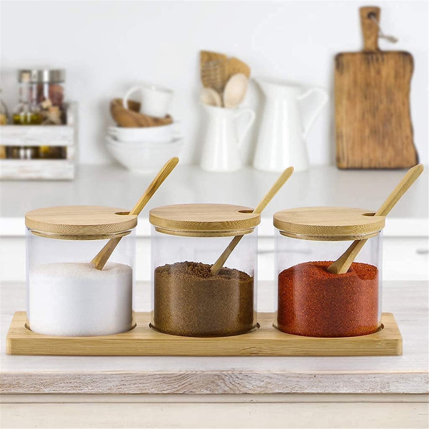 PENGQIMM Condiment Container Seasoning Box Set, Glass Condiment Canisters Pots,Condiment Jars with Bamboo Lids,Base and Spoons,Spice Containers for Sugar, Salt, Pepper,300ml/10oz, Pack of 3
