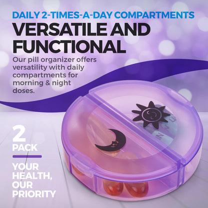 Weekly Pill Organizer 2 Times-A-Day, 7 Day AM/PM Pill Container with Secure Lids, Portable and Durable Travel Pill Case for Tablets, Vitamins, and Supplements, Rainbow Color, 1 Pack