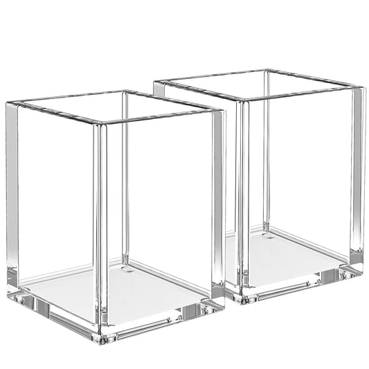 Clear Acrylic Pen and Pencil Holders for Desk, Set of 2, Modern and Sturdy Pen Cups for Office and Home, Versatile Makeup Brush Organizers, Transparent Desktop Stationary Storage