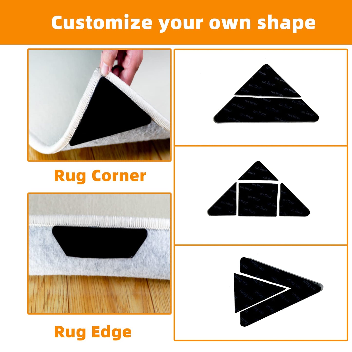 Carpet Tape, 8 Pcs Non Slip Rug Tape for Hardwood Floors and Tiles, Reusable and Washable Rug Pad Gripper for Area Rugs, Dual Sided Adhesive Rug Stopper Keep Corners Flat