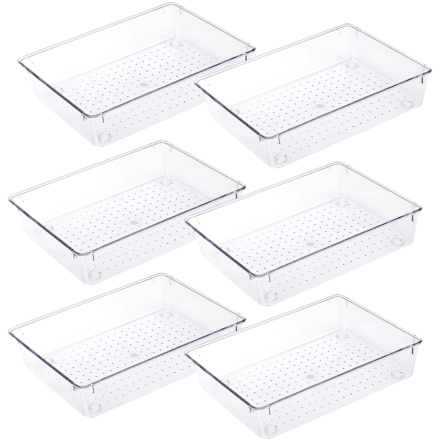 VOSSOT 6 Pieces Drawer Organiser System, Fridge Organiser Set, Stackable Storage Boxes, Clear Plastic Makeup Drawer Organiser Box, Desk Organiser Drawers