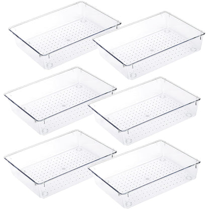 VOSSOT 6 Pieces Drawer Organiser System, Fridge Organiser Set, Stackable Storage Boxes, Clear Plastic Makeup Drawer Organiser Box, Desk Organiser Drawers
