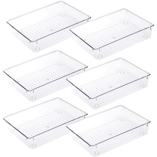 VOSSOT 6 Pieces Drawer Organiser System, Fridge Organiser Set, Stackable Storage Boxes, Clear Plastic Makeup Drawer Organiser Box, Desk Organiser Drawers