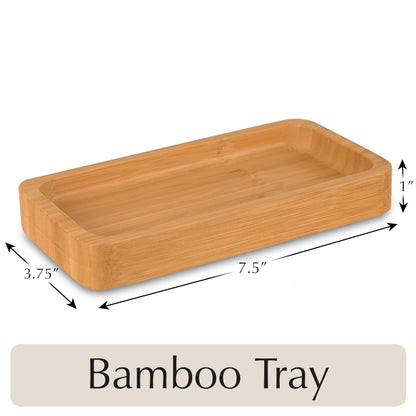 Emerson Soap Dispensers with Stainless Steel Pumps + 100% Bamboo Wood Tray | Kitchen Sink Dish Soap and Bathroom Hand Wash Glass Bottles Set | Waterproof | 16 Oz | Set of 2 (Wht/Blk/Bamboo Black)