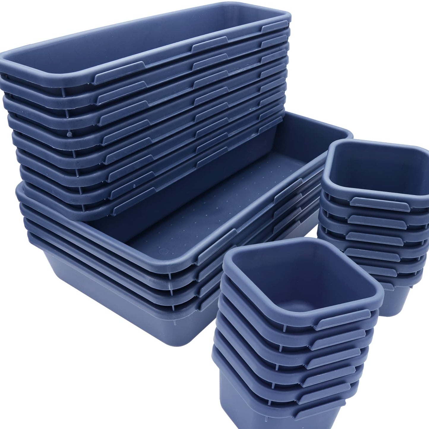 24 Pack Plastic Desk Drawer Organizer and Storage for Office Kitchen Dresser Bathroom Cabinet Organizer,Interlocking Junk Small Drawer Dividers Tray for Makeup Bra Stationery Utensil Tool with 3 sizes