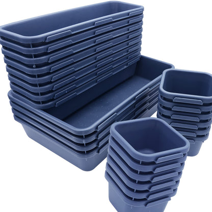 24 Pack Plastic Desk Drawer Organizer and Storage for Office Kitchen Dresser Bathroom Cabinet Organizer,Interlocking Junk Small Drawer Dividers Tray for Makeup Bra Stationery Utensil Tool with 3 sizes