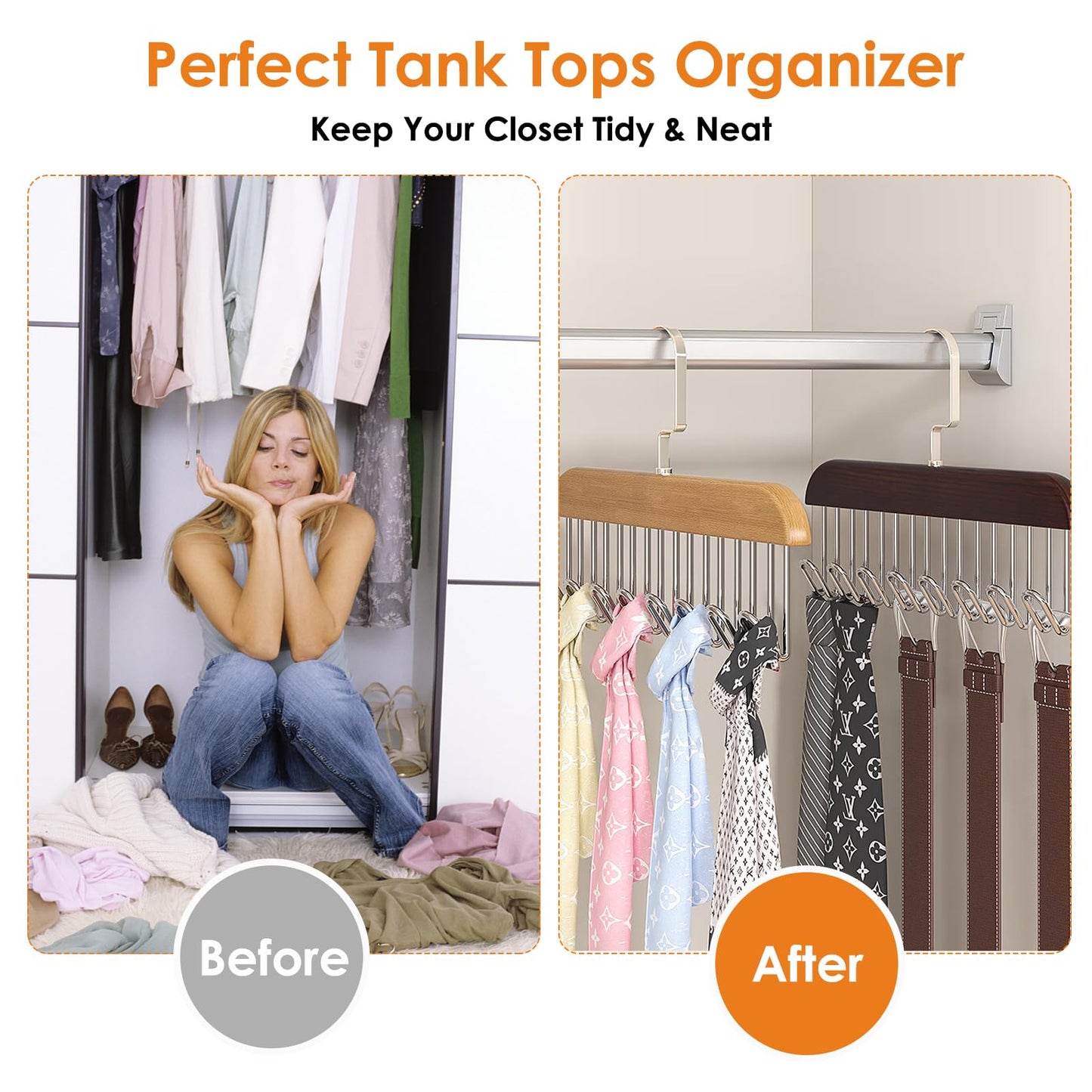 Sigowal 2 Pack Belt Hanger for Closet, Sturdy Wooden Belt Holder with 8 Hooks, Space Save Tank Top Bra Hanger, Wood Belt Organizer for Closet, 360°Rotating Tie Rack for Belt Tie Scarf Tank Top (Brown)