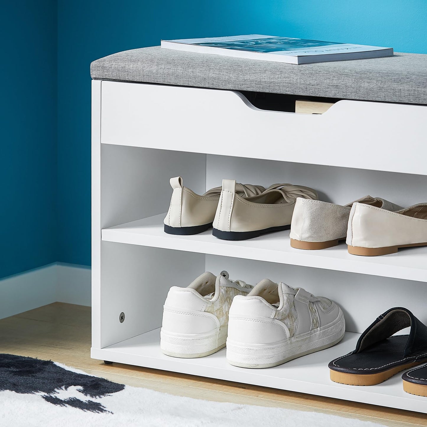 Shoe Storage Bench with Padded Seat, a functional entryway Shoe Rack and Cabinet, W60 x H43 x D30 cm, finished in a soft and neutral Light Grey color