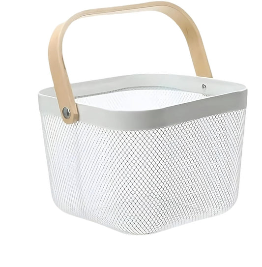 INGITAGNA Multi-Purpose Metal Mesh Storage Organizer Fruit Basket, Hanging Shopping Basket Kitchen Basket with Bamboo Handle Ideal for Bathroom, Pantry, Cabinet and Home (White)