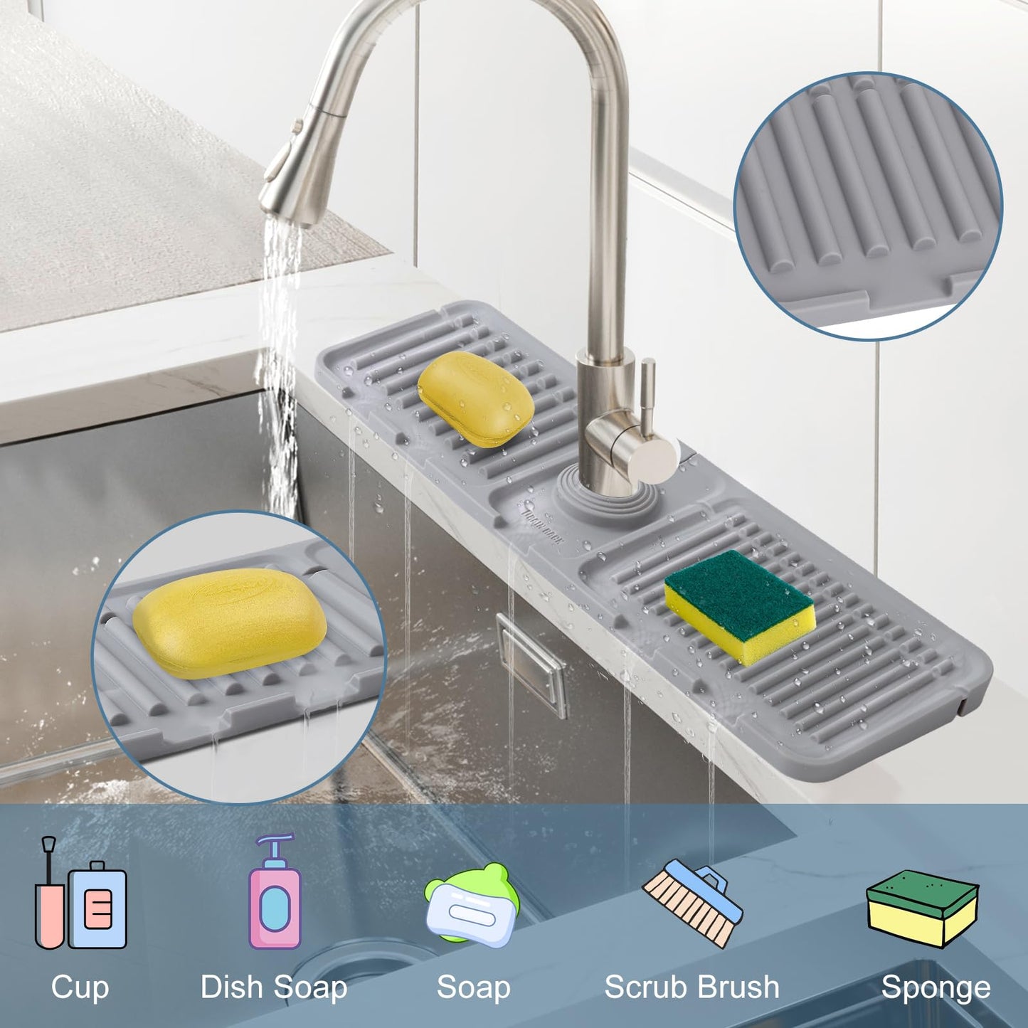 Kitchen Sink Splash Guard, Silicone Faucet Mat, Faucet Handle Drip Catcher Tray, Kitchen Sink Organizer,17.5” x 5.5”Sink Sponge Holder, Sink Protectors for Kitchen Sink, Kitchen Sink Accessories(Grey)