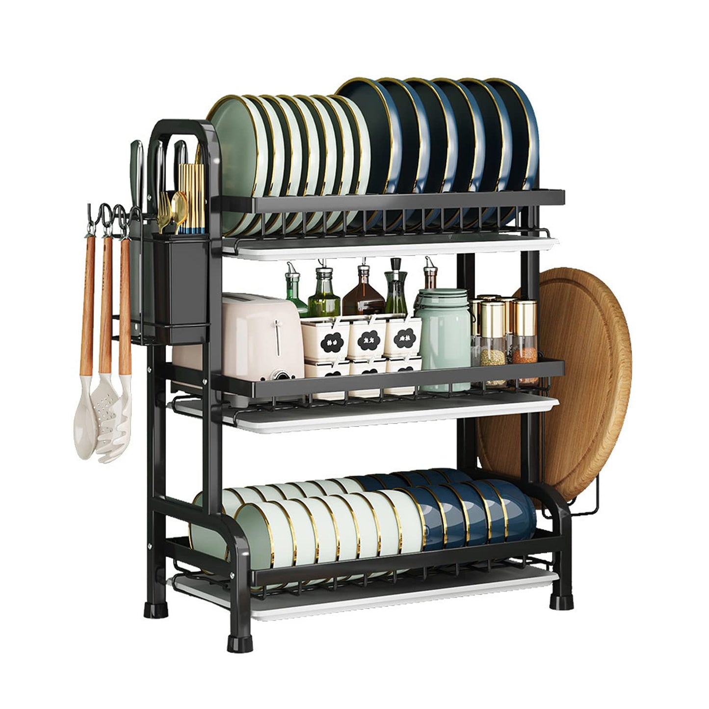 Jorunhe Dish Drying Rack, 3-Tier Large Capacity Kitchen Dish Rack Drainboard Set,Rust-Proof Dish Drainer Rack with Drip Tray & Utensil Holder, Cutting Board Holder and Dish Drainer for Kitchen (Black)