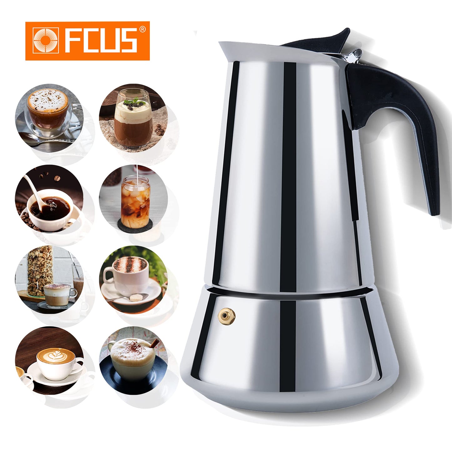 FCUS Stovetop Espresso Maker, 4cup/200ml Greca Coffee Maker Moka Pot, Stainless Steel Espresso Maker - Induction Compatible