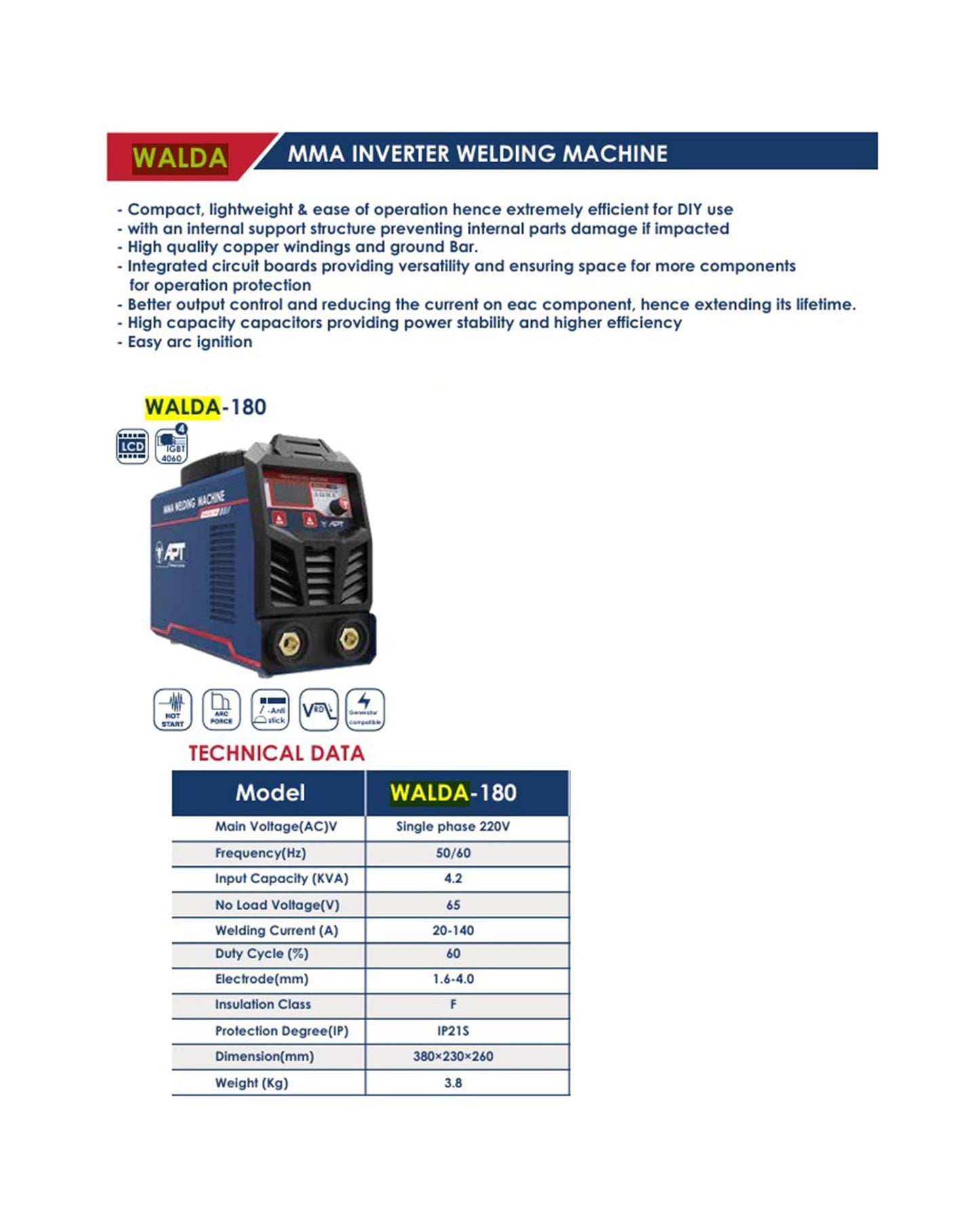 APT WALDA 180 MMA and TIG Inverter Welding Machine with LED Digital Display 140 Amp Output 220V 50-60Hz Single Phase Arc Welder with Carrying Case and Complete Accessories