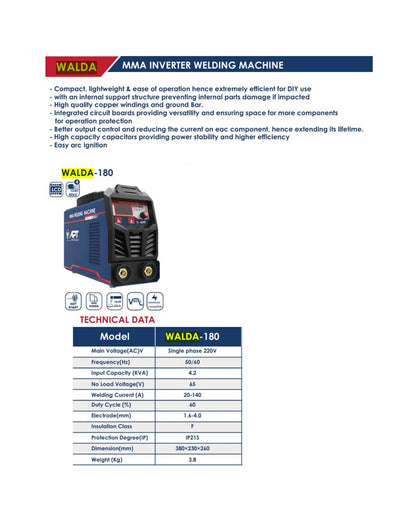 APT WALDA 180 MMA and TIG Inverter Welding Machine with LED Digital Display 140 Amp Output 220V 50-60Hz Single Phase Arc Welder with Carrying Case and Complete Accessories