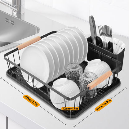 DPWEION Dish Drainer Rack for Kitchen-Metal Dishes Drying Rack with Drip Tray/Cutlery Holder/Wooden Handles-Draining Board Racks(43x31x12cm,Black)