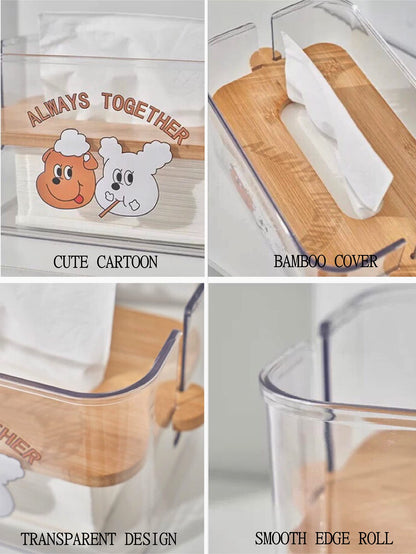 Square Tissue Holder, Facial Tissue Dispenser Box with Bamboo Cover, Rectangle Napkin Organizer Caddy for Car, Bathroom, Toilet, Kitchen, Bedroom