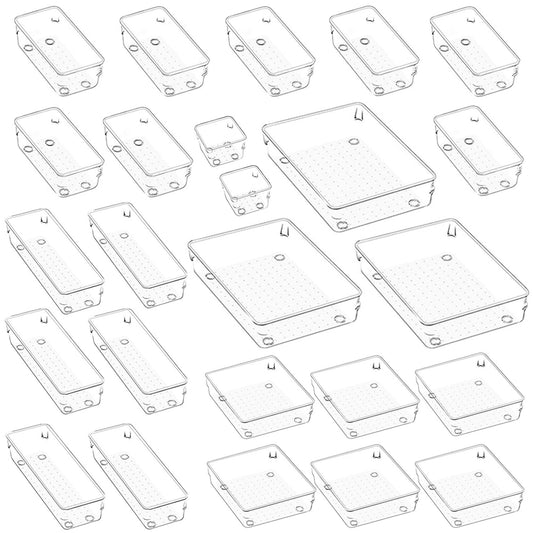 25 Pack Desk Drawer Organizer Tray, Acrylic Bathroom Drawer Organizers, Clear Makeup Storage Bins, 5-Size Dresser Drawer Organizers And Storage for Jewelries, Bedroom Kitchen Utensil Office