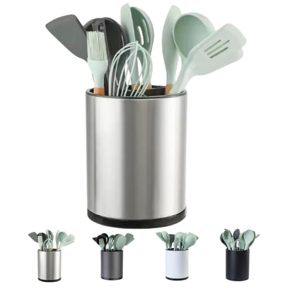 LIBODOUR Kitchen Utensil Holder Extra Large 360°Rotating For Counter Organizer Stainless Steel Storage Cooking Silverware Caddy 3 Compartment Flatware Spoon Spatula Tool Cutlery Container?Silvery?
