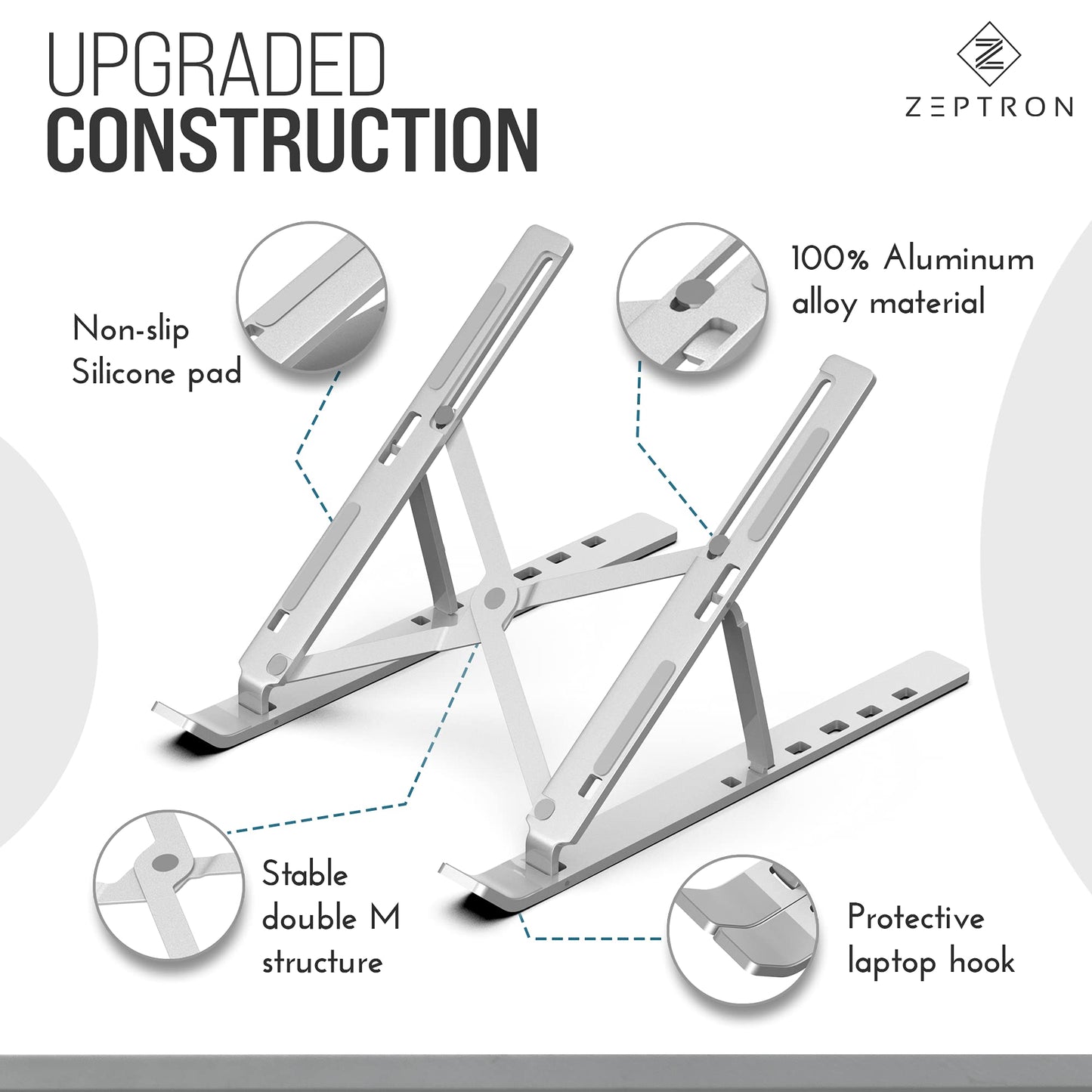 ZEPTRON Kotuday foldable portable aluminium laptop stand | desk stand with 6 level height adjustment | compatible for 11 inch/11.6'' /13.3 inches/14 inch/15 inch/15.6'' laptops notebooks