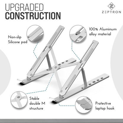 ZEPTRON Kotuday foldable portable aluminium laptop stand | desk stand with 6 level height adjustment | compatible for 11 inch/11.6'' /13.3 inches/14 inch/15 inch/15.6'' laptops notebooks