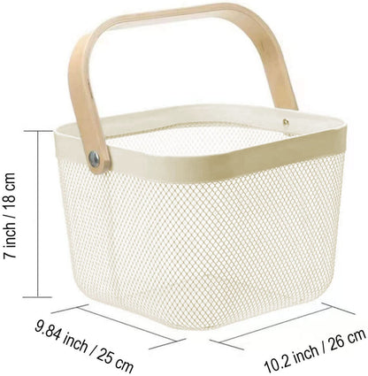AJIODA Metal Mesh Steel Basket, Multi-functional Hanging Kitchen Baskets Fruit Basket Bin with Bamboo Handle, Beige