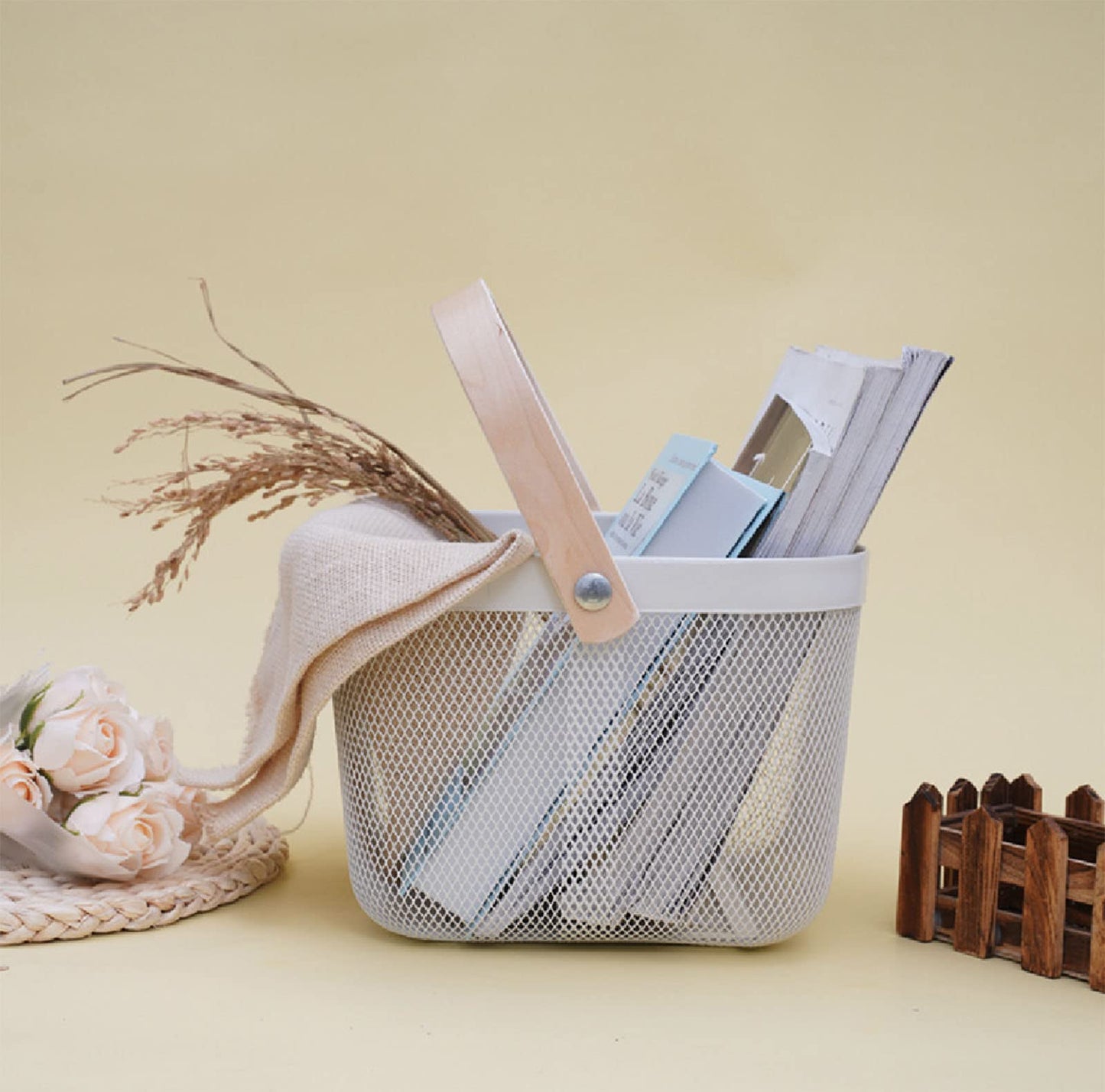 AJIODA Metal Mesh Steel Basket, Multi-functional Hanging Kitchen Baskets Fruit Basket Bin with Bamboo Handle, Beige