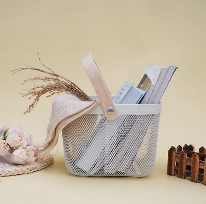 AJIODA Metal Mesh Steel Basket, Multi-functional Hanging Kitchen Baskets Fruit Basket Bin with Bamboo Handle, Beige