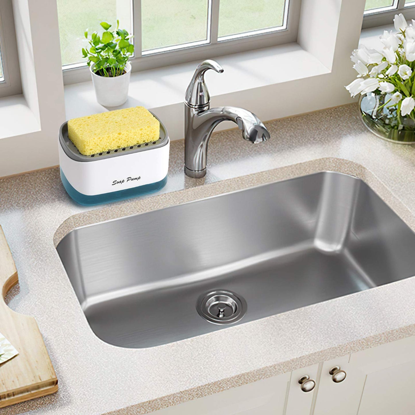 3-in-1 Soap Pump Dispenser and Sponge Holder with Compact Countertop Design, Efficient for Kitchens and Bathrooms, White, 20.2 x 10.49 x 12.97 cm