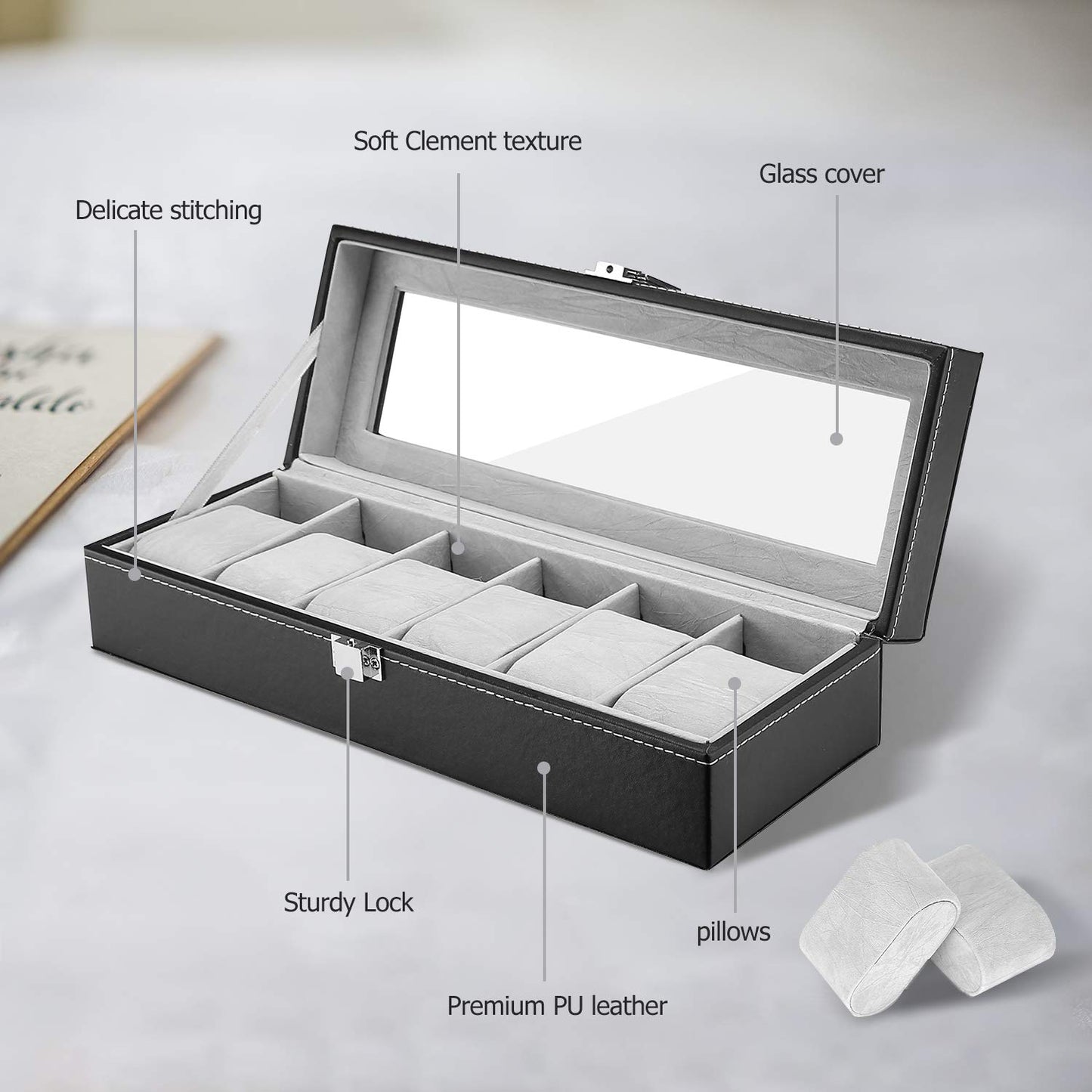 ProCase Watch Box Storage Box with 6 Grids, 6 Slots Watch Box Watch Display Box Organiser Watch Box for Men Black