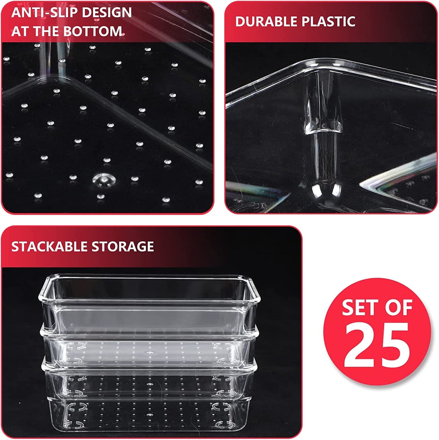 25 Pcs Desk Drawer Organizer Trays, Clear Plastic Storage Boxes Bins, Desk Versatile Tidy Divider, Make-Up Organiser Boxes with 5 Size for Bedroom Office Kitchen