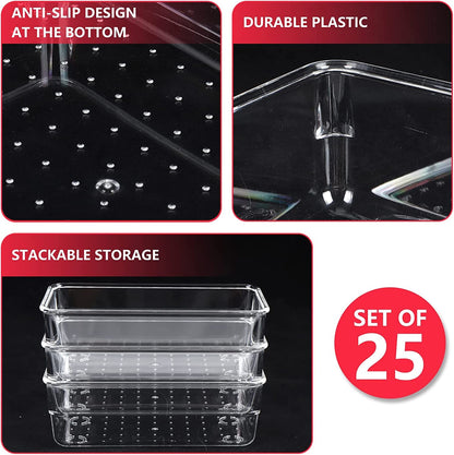 25 Pcs Desk Drawer Organizer Trays, Clear Plastic Storage Boxes Bins, Desk Versatile Tidy Divider, Make-Up Organiser Boxes with 5 Size for Bedroom Office Kitchen