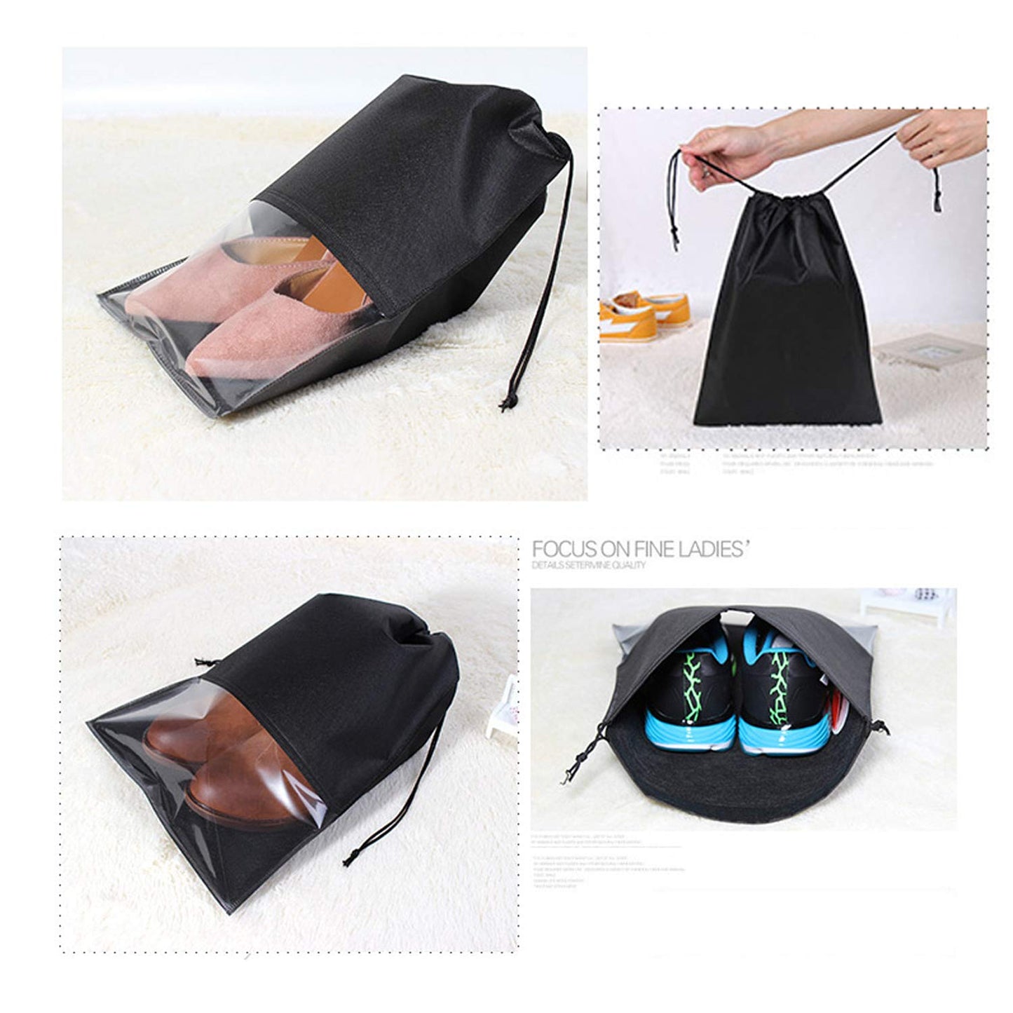 DWTECH 15 Pieces Travel Shoe Bag for Men and Women, Large Non-Woven Drawstring Shoes Storage Bags with Transparent Slot for Ladys, Black, 44cm x 32 cm/ 17.3 inch x 12.6 inch