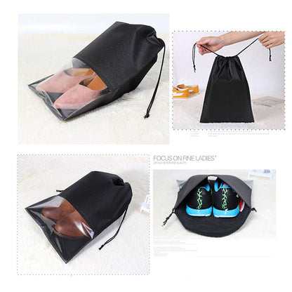 DWTECH 15 Pieces Travel Shoe Bag for Men and Women, Large Non-Woven Drawstring Shoes Storage Bags with Transparent Slot for Ladys, Black, 44cm x 32 cm/ 17.3 inch x 12.6 inch
