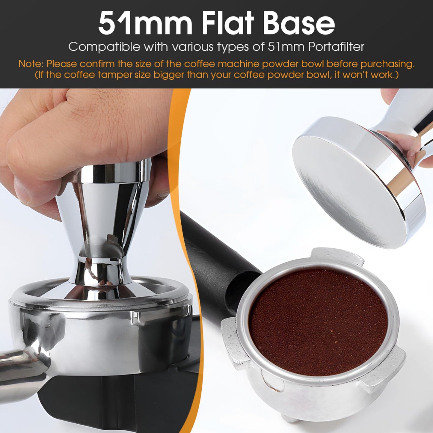 NIUAWASA Espresso Coffee Tamper 51mm Powder Press Hand Tool Stainless Steel Coffee Grounds Tamper Compatible with 51 mm Portafilter Basket for Barista Home Commercial Use Universal