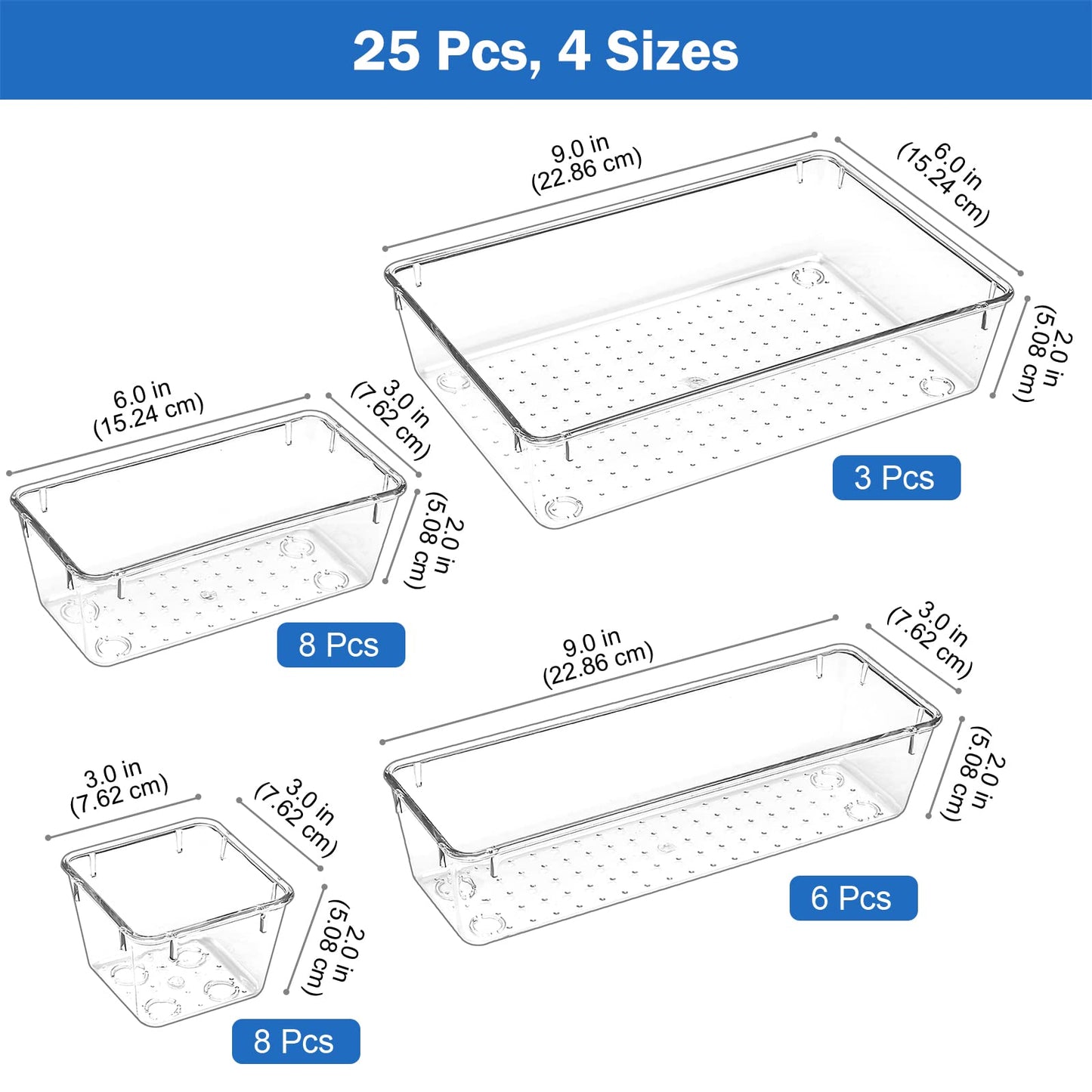 Puricon 25 Pcs Desk Drawer Organizers Trays Set Clear Plastic Storage Bins Bathroom Drawer Tray Dividers Vanity Trays Organizer for Bedroom Dresser Makeup Kitchen Utensil Office