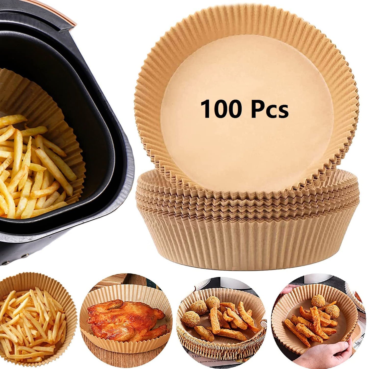 100 PCS Air Fryer Disposable Paper Liners, Non-Stick, Oil-Proof, Heat-Resistant, Food Grade Parchment for Frying, Baking, Easy Cleanup, Compatible with 5-8 Qt Air Fryers, Circle Design, 20 cm
