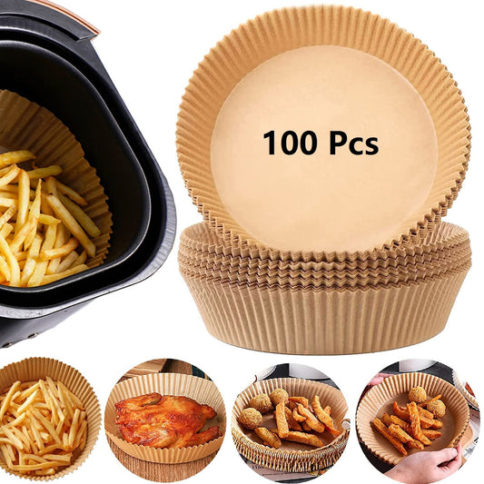100 PCS Air Fryer Disposable Paper Liners, Non-Stick, Oil-Proof, Heat-Resistant, Food Grade Parchment for Frying, Baking, Easy Cleanup, Compatible with 5-8 Qt Air Fryers, Circle Design, 20 cm