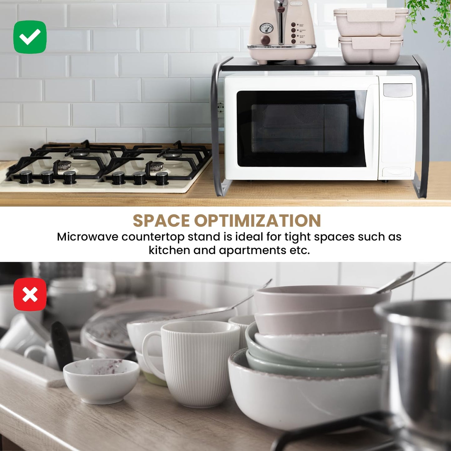 LYCOA Microwave Stand for Countertop, 2-Tier Metal Microwave Shelf Organizer for Small Spaces, Compact Black Oven Rack for Kitchen Counter, Sturdy Microwave Table Shelf for Home or Office