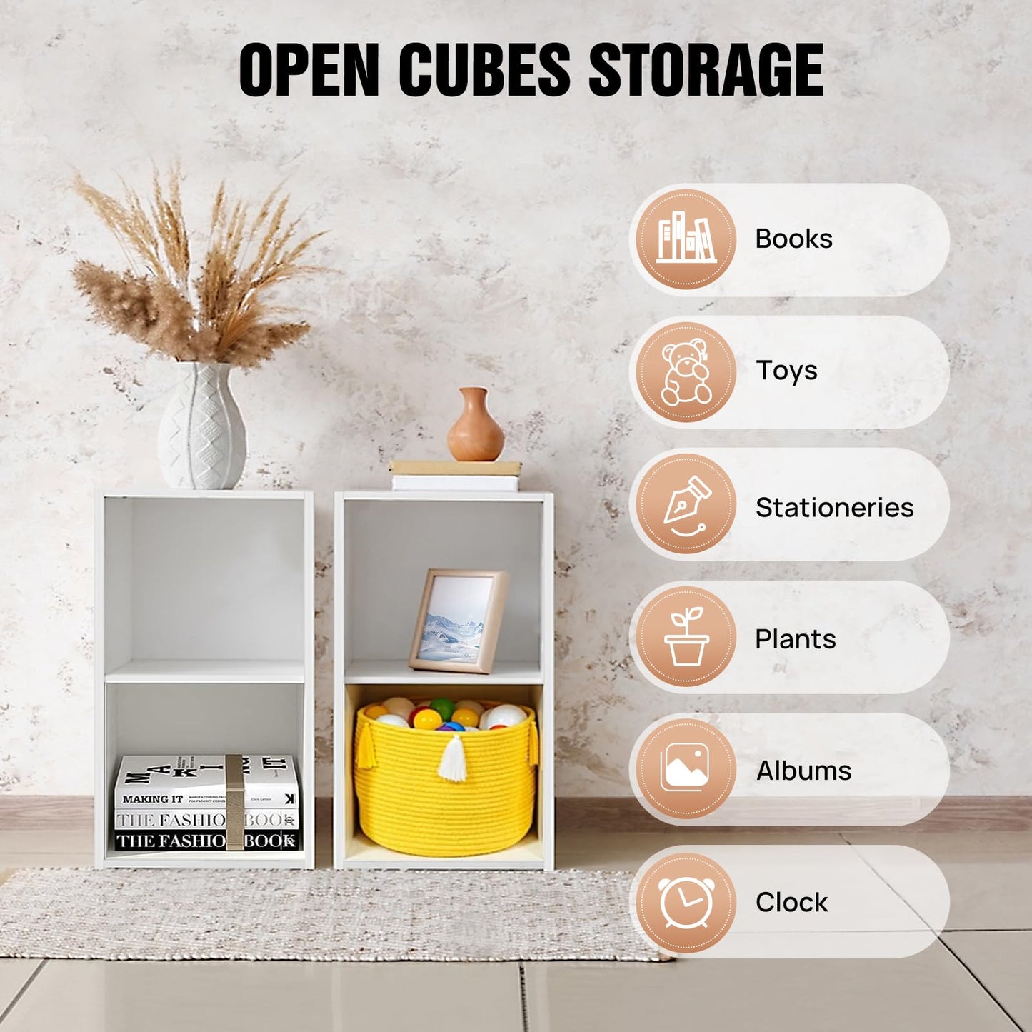 Freestanding Open Storage Shelving Unit, Cube Bookcase with Multiple Tiers, Modern Bookshelf and Display Rack Cupboard for Office or Living Room, Versatile Organizer (White, 5 Tier)