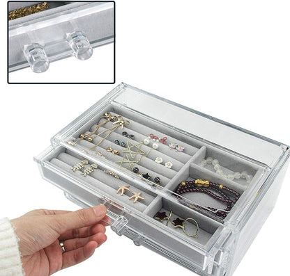 3-Drawer Acrylic Jewelry Box with Gray Velvet, Clear Organizer and Display Case, Stackable Trays for Earrings, Rings, Necklaces, and Bracelets, Gift for Women