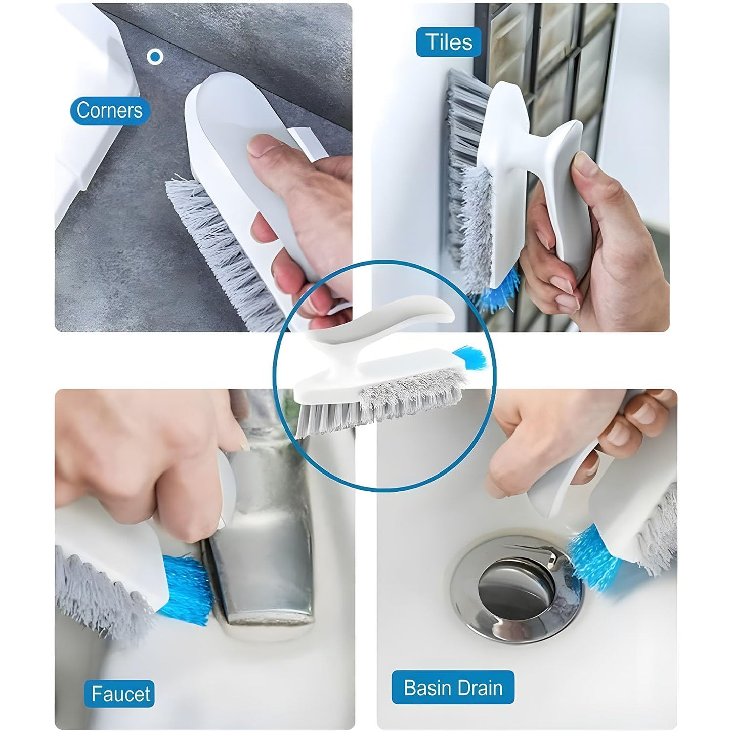 Xspring Floor Scrub Brush, 2 Pcs Floor Scrub Brush with Squeegee, 4 in 1 Cleaning Brushes with Comfort Handle, V Shaped Bathroom Cleaning Brushes, for Cleaning Bathroom, Patio, Kitchen, Wall, Deck