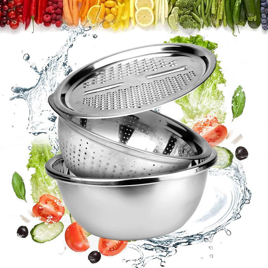 KRESHU 3-In-1 Multifunctional Stainless Steel Drain Basket Basin Set with Vegetable Chopper Layer Basin Bowl Kitchen Cheese Grater julienne peeler Colander Vegetable Salad Wash Basket (26cm, 3pcs Set)