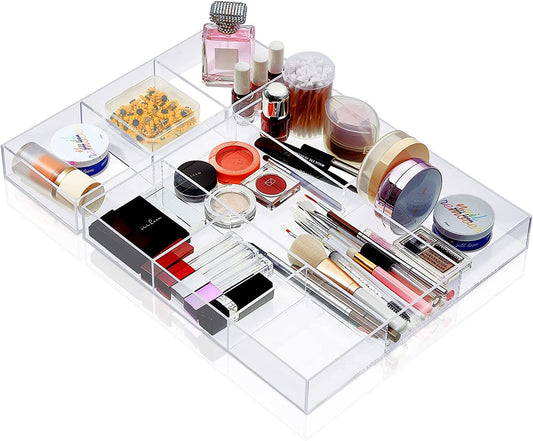 Acrylic Drawer Organizer Set, 2-Piece Clear Drawer Trays with 6-Section and 3-Section Dividers, 30 x 30 x 4 cm, Ideal for Makeup, Office Supplies, Jewelry and Home Organization, Clear