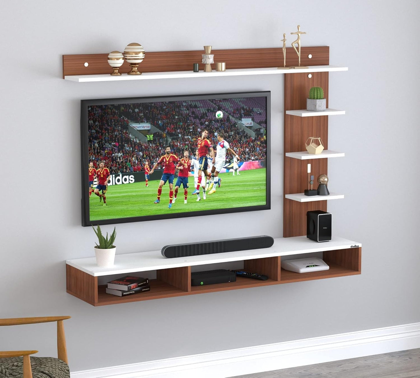 Wall-Mounted TV Top Unit, 130cm Floating Entertainment Shelf in a Two-Tone Walnut and White Finish, ManufacturedWood Media Shelf for a Contemporary Living Room Setup