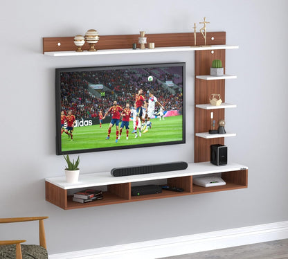 Wall-Mounted TV Top Unit, 130cm Floating Entertainment Shelf in a Two-Tone Walnut and White Finish, ManufacturedWood Media Shelf for a Contemporary Living Room Setup